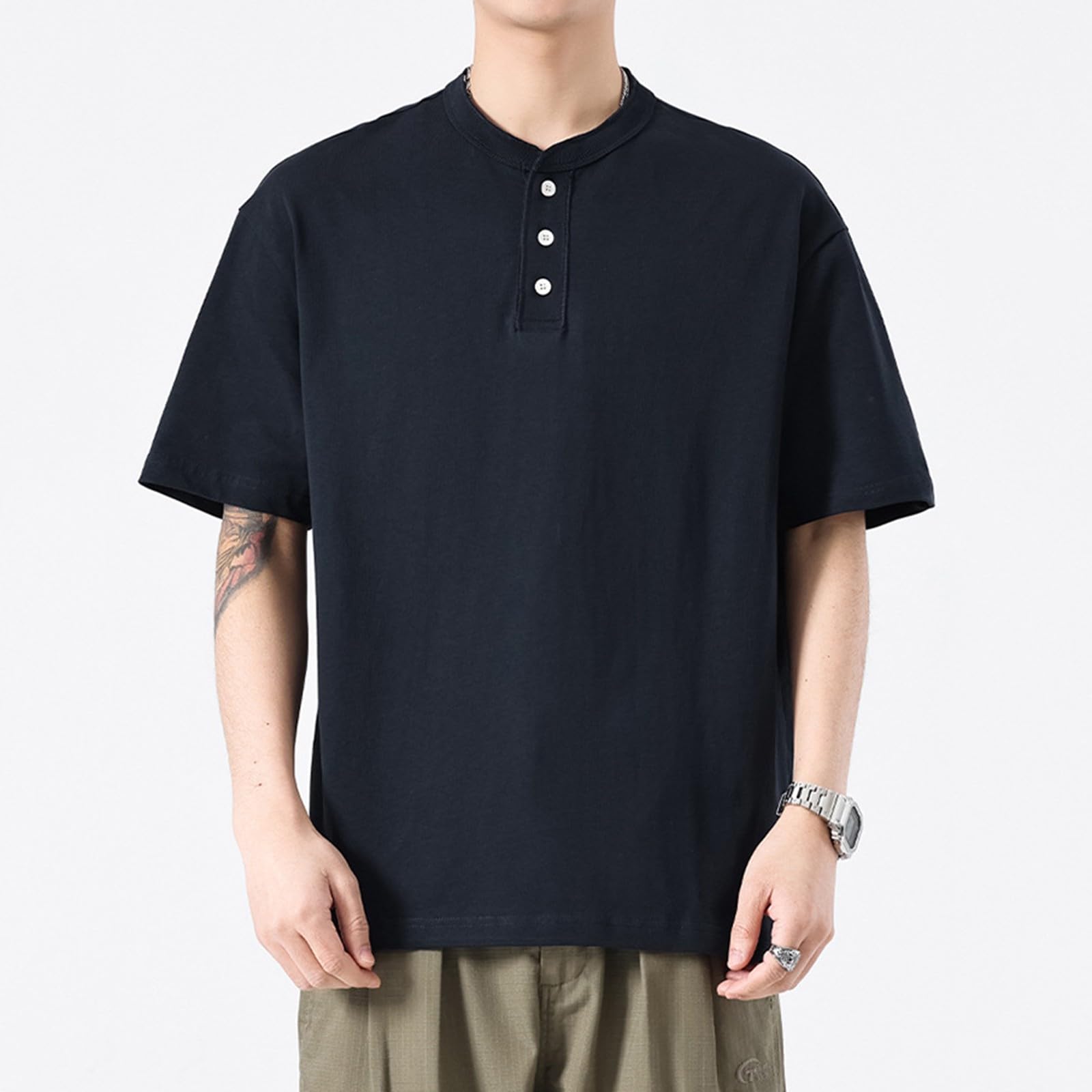 Henley - Camiseta de manga corta con botones para hombre, ligera, transpirable, delgada, musculosa, informal, para verano