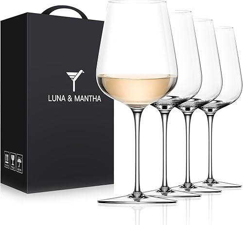 LUNA & MANTHA Juego de 4 copas de vino blanco con tallo, sopladas a mano de 14 onzas, perfectas para embalaje de regalo rojo y blanco para uso