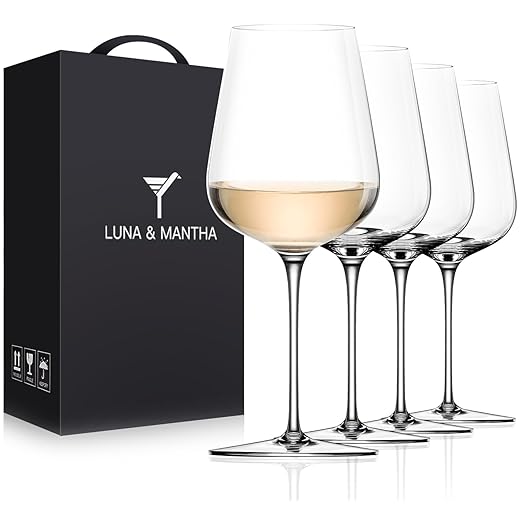 LUNA & MANTHA White Wine Glasses Set of 4, Crystal Wine Glasses with Stem, Hand Blown 14oz, Perfect for Red，White Gift Packaging for Daily Use, Father's Day, Wedding Anniversary or Birthday