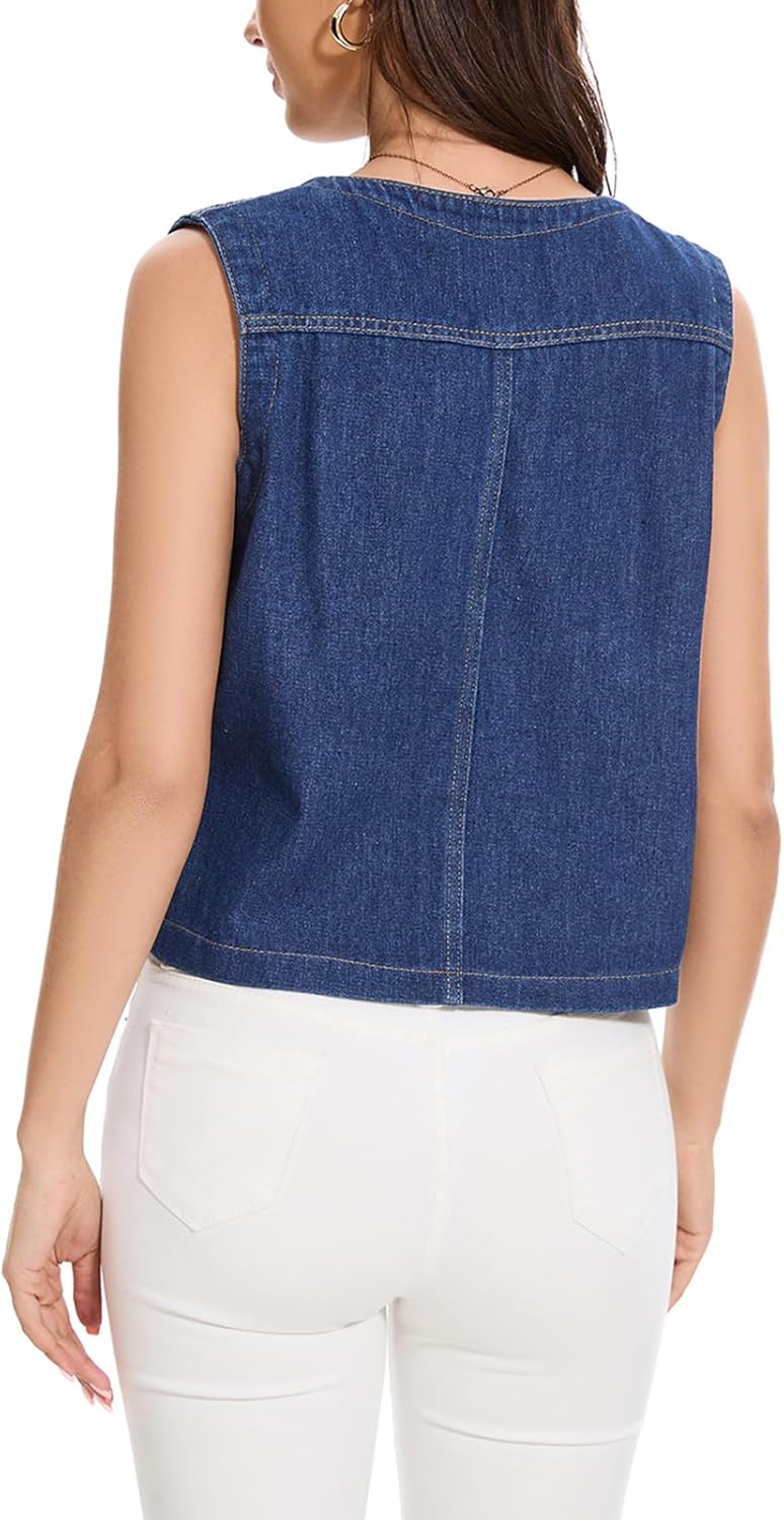 Women's Denim Jean Vest Tops 2025 Cropped V Neck Button Down Sleeveless Denim Waistcoat Jacket - Image 3