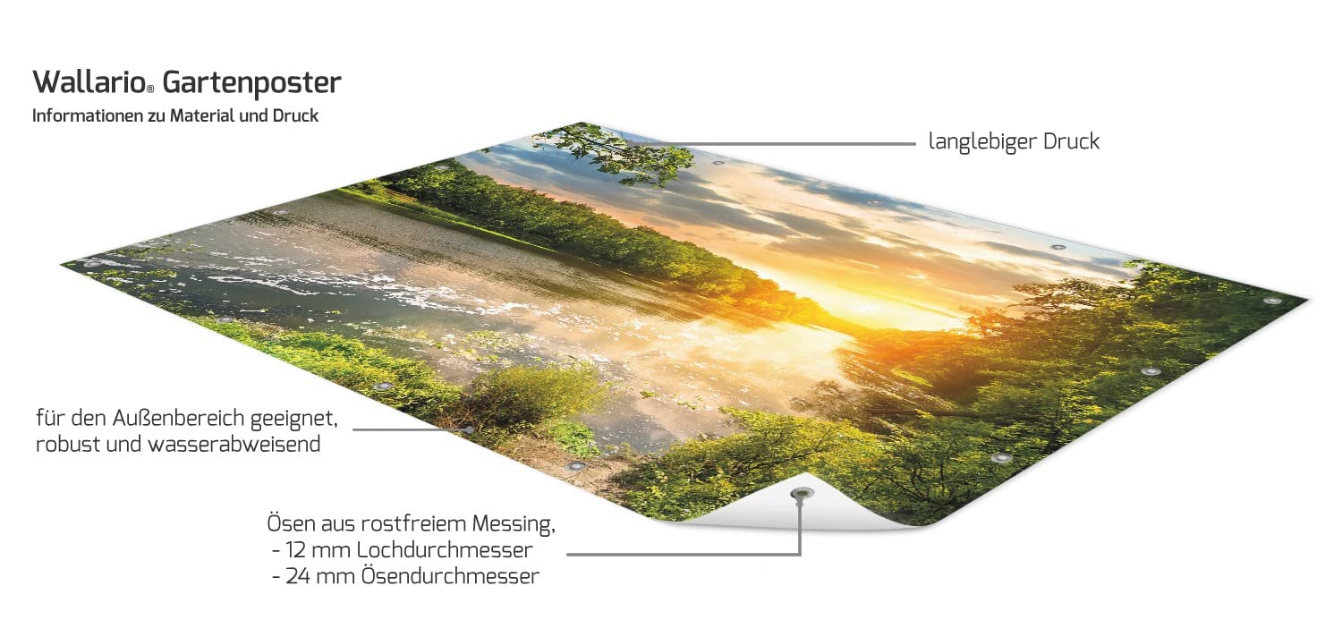 Wallario Outdoor-Poster für Garten oder Balkon Sonnenuntergang am Fluss in grüner Umgebung, Motivbanner Größe: ca. 120 x 180 cm, Outdoor-Bild