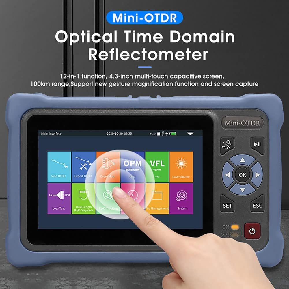 OTDR SM 11 en 1 con VFL OPM OLS Mapa de Eventos RJ45, FC/UPC SC ST LC Conectores incluidos, Reflectómetro de Fibra óptica 1310/1550 NM 26/24 dB con Pantalla táctil de 4,3 Pulgadas UPC (APC)