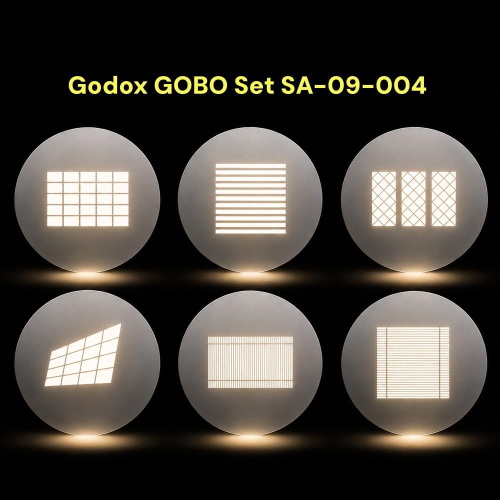 Godox Juego de gobos SA-09 para S30/S60, Compatible con Accesorios de proyección BFP y BLP. Cuenta con Discos de Patrones 001, 002, 003 y 004, 24 Piezas totales (6 por Juego)