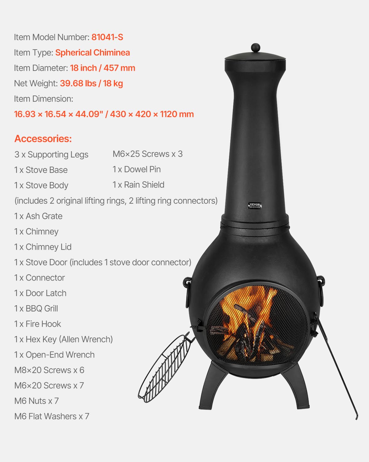 VEVOR Chimenea de Leña Exteriores 457 mm, Chimenea Esférica para Barbacoa y Calentamiento con Malla para Parrilla Revestimiento para Tapa a Prueba de Óxido para Patio, Jardín, 430 x 420 x 1120 mm