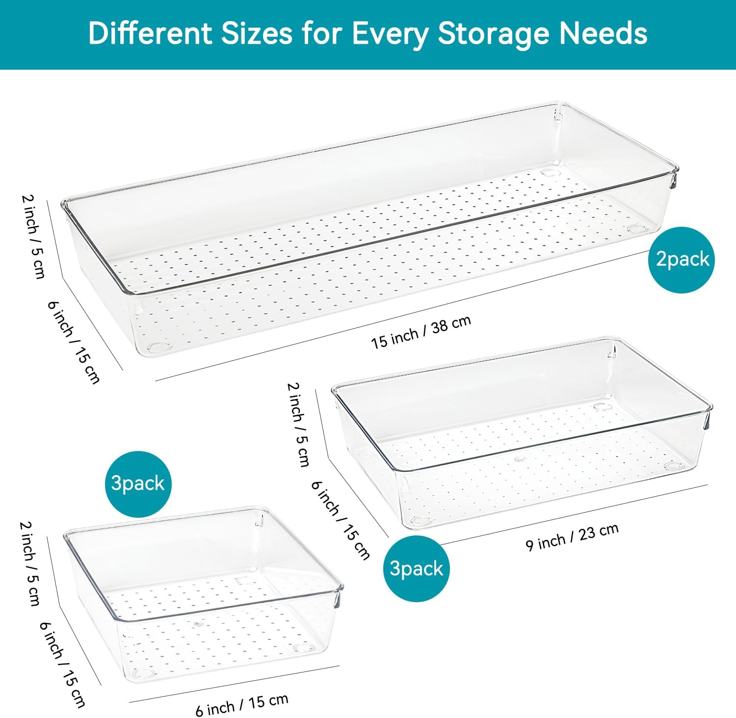 Voova 8 Pack Plastic Drawer Organizers Set,3-Size Kitchen and Office Desk Drawer Organizer Trays,Acrylic Non Slip Storage Bin Divider for Makeup, Jewelry,Gadgets Utensils,Bedroom,Bathroom Vanity,Clear