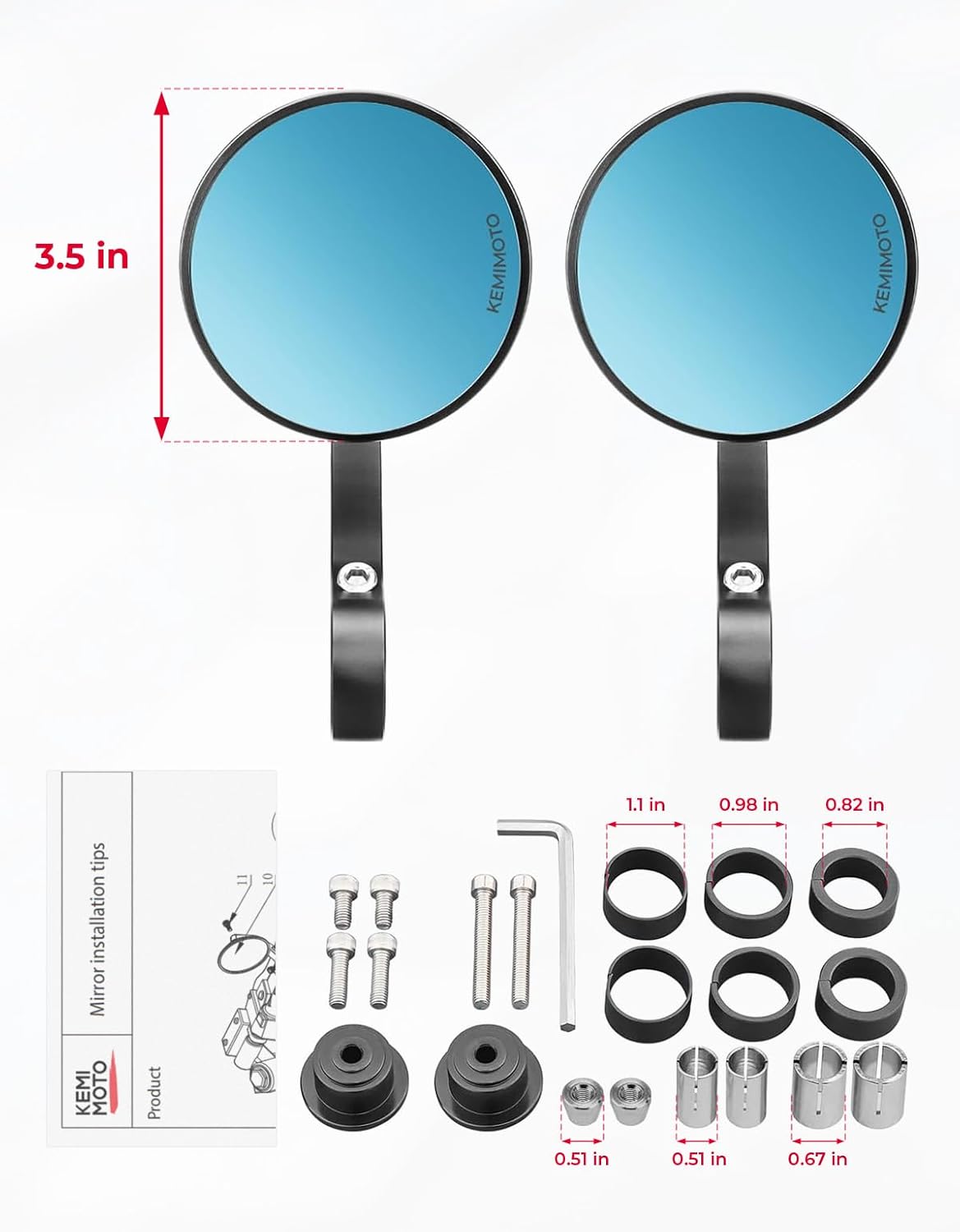 KEMIMOTO Motorcycle Bar End Mirrors, CNC Aluminum 7/8" Handlebar Rearview Mirrors with Blue Anti-Glare Lens, Universal Fit for Motorcycles, E-bikes, Scooters, ATVs - Round Design for Clear & Wide View