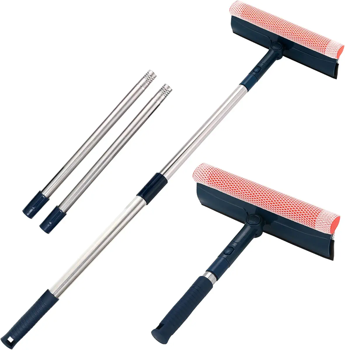 Multi-Use Window Squeegee with 56&#34; Long Handle,2 in 1 Window Cleaning Tools with Dual Side Blade Rubber &amp; Scrubber Sponge, Shower Squeegee for Glass Doors, car Windshield, Glass, Mirror