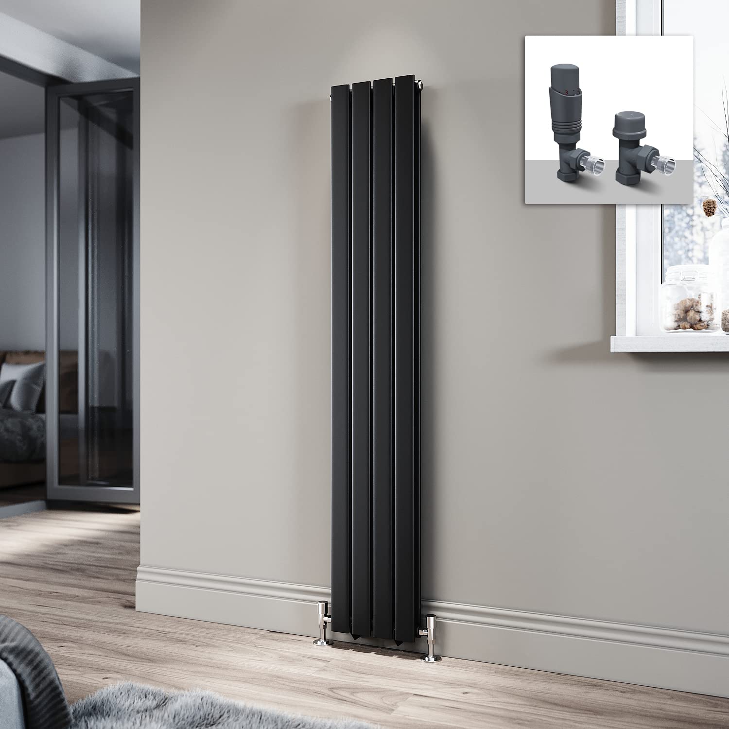 ELEGANT 1600 x 272mm Radiator Black Vertical Radiator Flat Panel Designer Radiator Double Panel Tall Upright Central Heating Radiator with Anthracite Thermostatic Valves