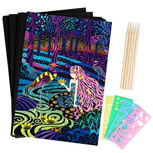 Scratch Rainbow Art Paper Set - 50Pcs Magic Scratch Off Art Craft Supplies Kits for Kids Girls Boys Black Scratch Notes Sheet Doodle Pad for Fun DIY Toy Party Favors Game Christmas Birthday Gift