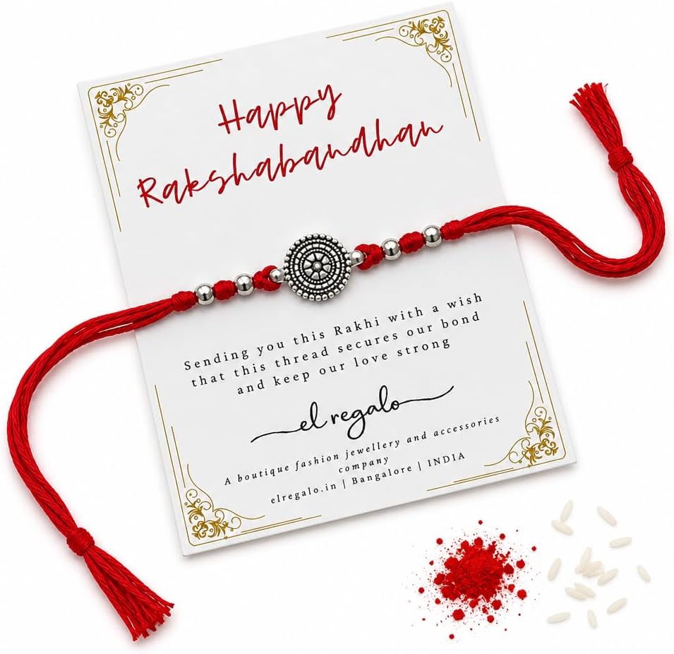 El Regalo 1PC Simple Red Thread Rakhi for Brother- Minimalist Antique German Silver Charm Rakhi with Roli Chawal, Rakhi Message Card