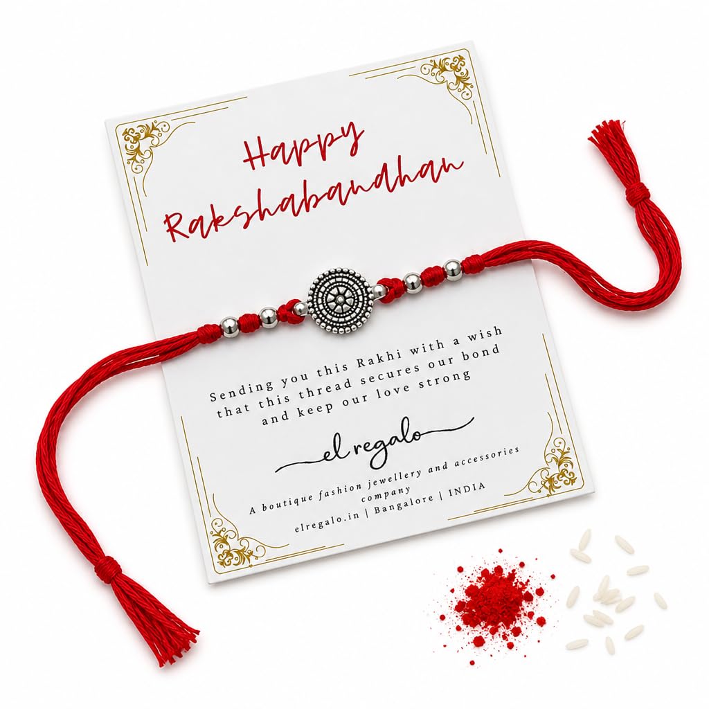 El Regalo 1PC Simple Red Thread Rakhi for Brother- Minimalist Antique German Silver Charm Rakhi with Roli Chawal, Rakhi Message Card discount deal