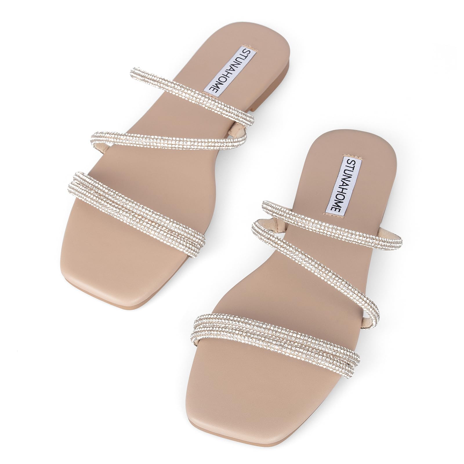 STUNAHOME Women's Rhinestone Thong Flat Sandals Open Toe Slide Sandals with Square Toe Bling Strap