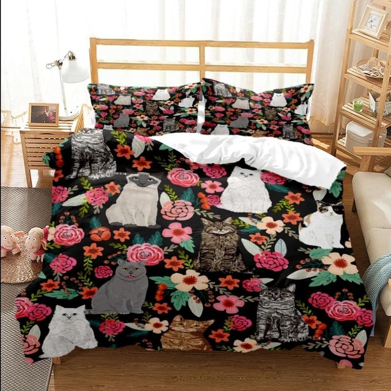 Parure de lit 140x200 et 2 taies d'oreiller chat fleuri imprimé 3D
