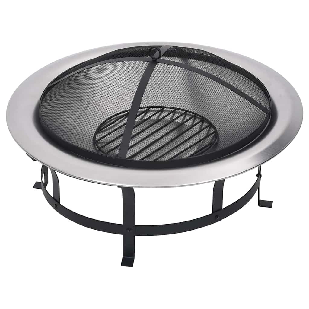 Garten-Feuerschale mit Grill Edelstahl 76 cm, inklusive Schürhaken, Eisen-Bratrost und Feuerschutzdeckel, hitzebeständiger Stahl, Funkenflugschutz, für Terrasse und Hinterhof