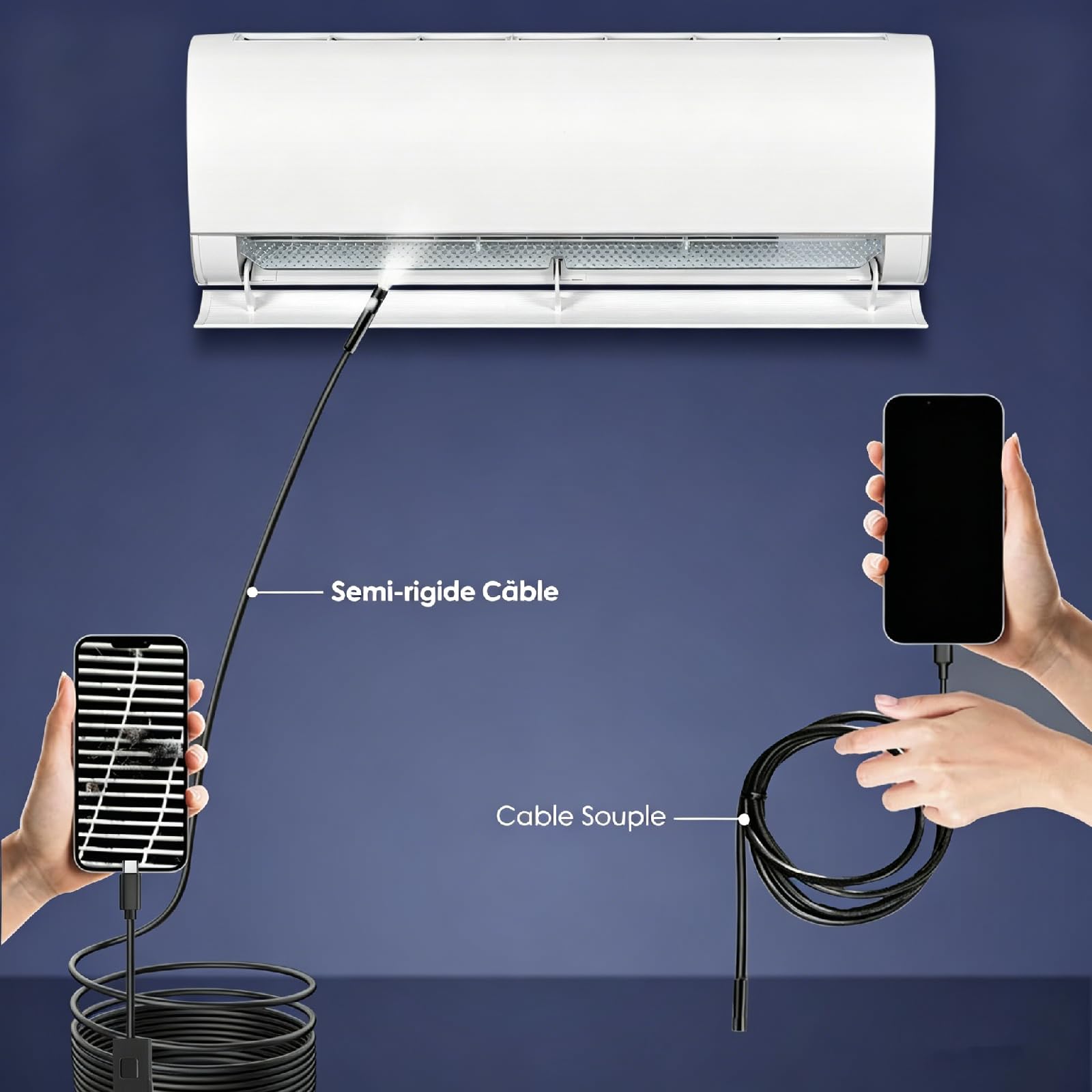 Caméra Endoscope avec lumière, Serpent Semi-Rigide de 5 m, caméra Endoscope HD 1920p avec 8 LED réglables, étanchéité IP67, 8 mm, Inspection pour iOS et Android (Double Objectif)