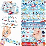 48PCS Airplane Party Favors - 24PCS Temporary Tattoos & 24PCS Airplane Slap Bracelets - Themed Birthday Party Supplies for Boys & Girls - Perfect Decorations, Gifts, School Prizes, Carnival Rewards