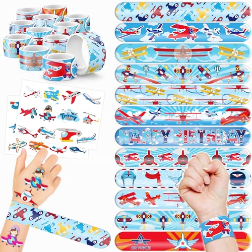 48PCS Airplane Party Favors - 24PCS Temporary Tattoos & 24PCS Airplane Slap Bracelets - Themed Birthday Party Supplies for Boys & Girls - Perfect Decorations, Gifts, School Prizes, Carnival Rewards