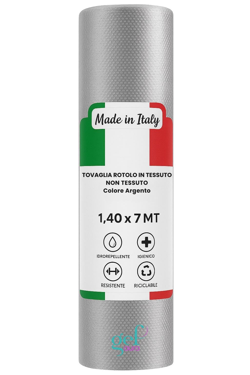 Gef Aura – Tovaglia Rotolo in TNT 1,4×7 m – Idrorepellente, Traspirante, Resistente – Made in Italy, Certificata OEKO-TEX® Classe I – Ideale per feste, catering ed eventi (1, Argento)