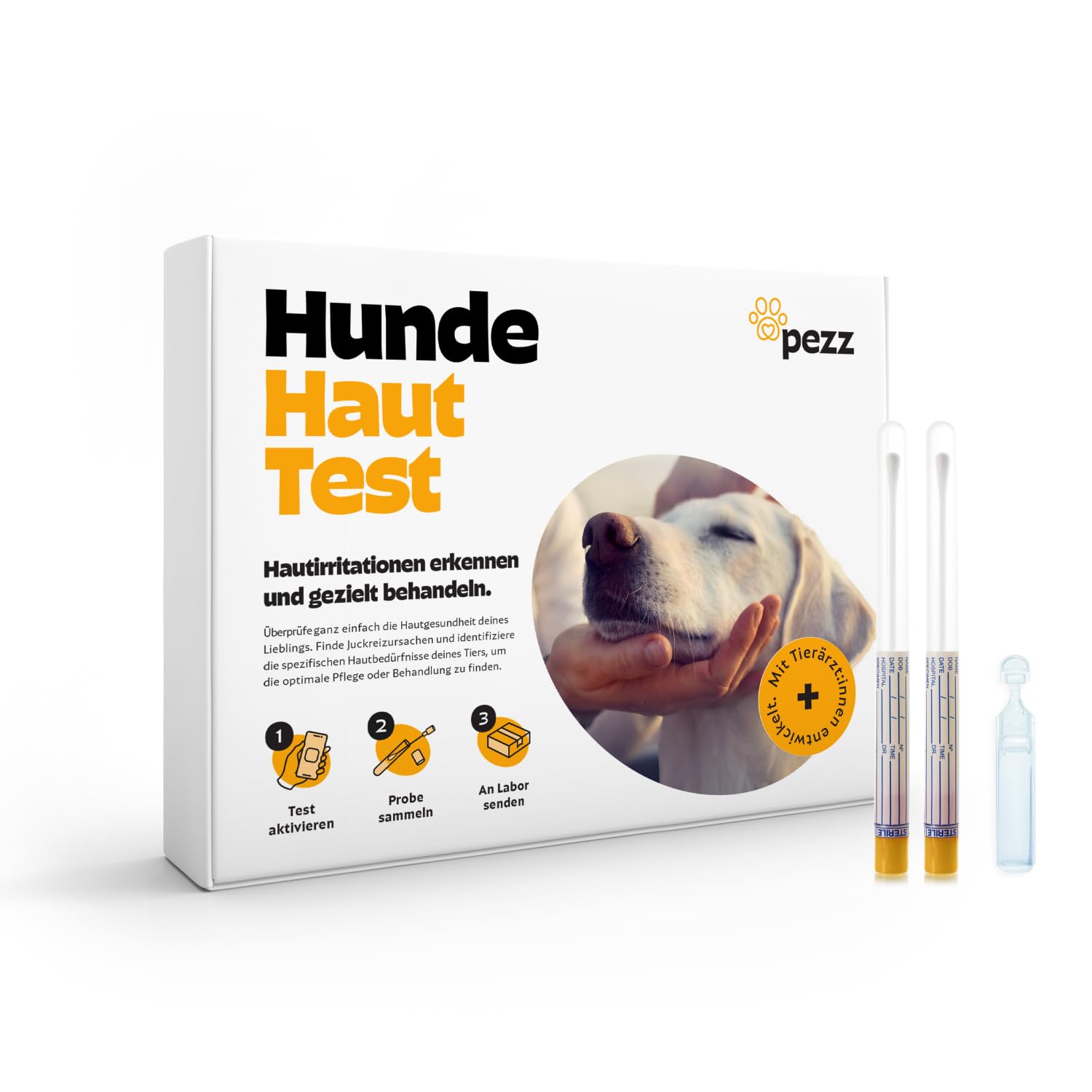 Pezz Haut- und Juckreiz Test für Hunde zum Einsenden von zwei Abstrich-Proben | Teste stressfrei zuhause auf Milben, Bakterien und Hefepilz | Ergebnis als Labor-Befund | gratis Labor-Versand