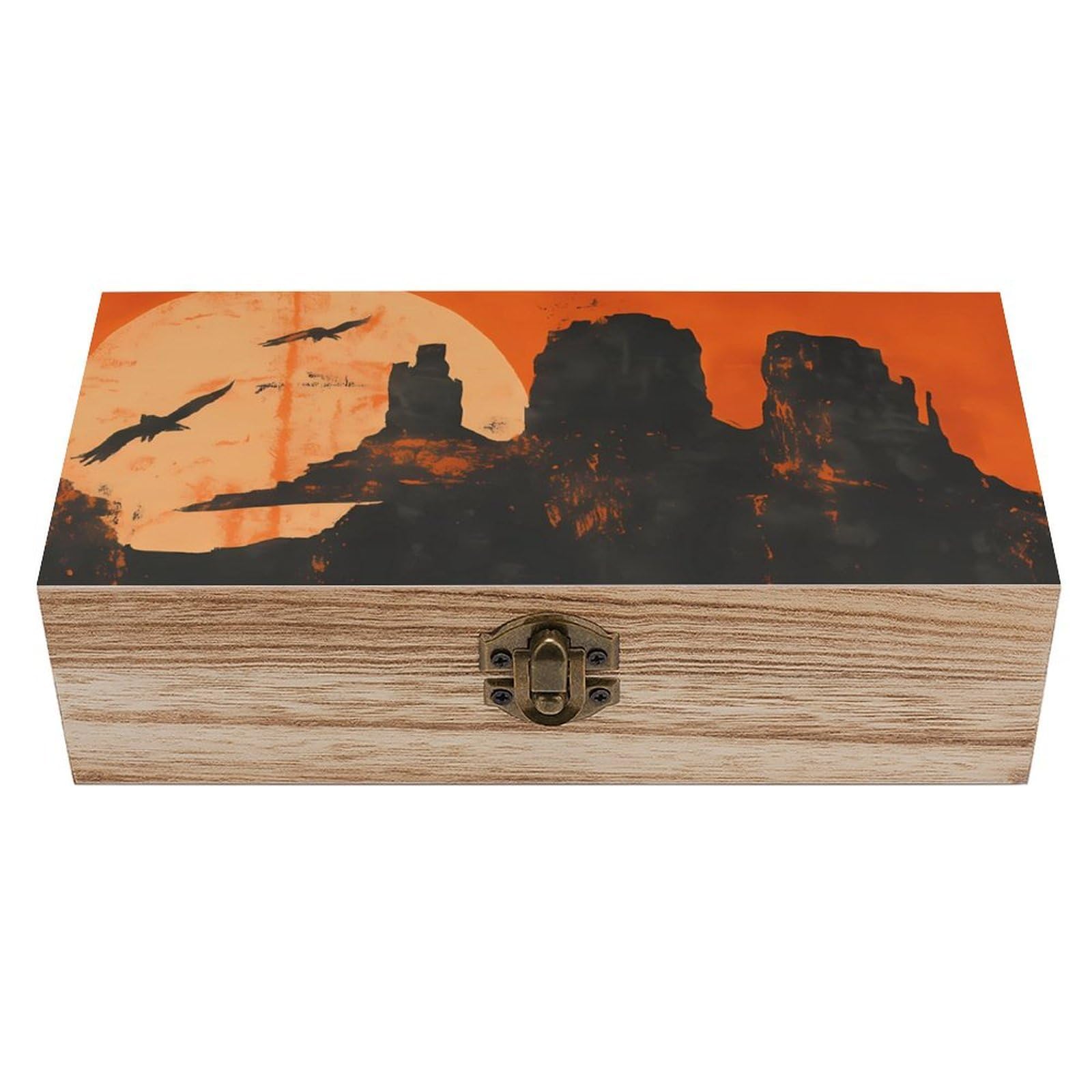 Oudrspo Vintage Sunset Cowboy And Mountain Retro Wooden Storage Box Keepsake Jewelry Decorative Art Storages Box Gift Boxs