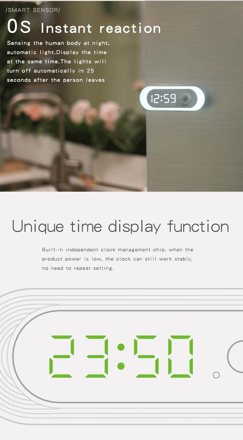 Motion Clocks Bedside Clock Digital Alarm Clock Motion Sensor Led Night Light with Clock Wall Lamp for Bedroom Bathroom Decoration(Rechargeable)