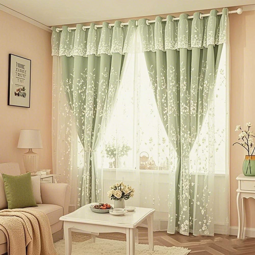 Amidoudou 1 Pair Double Layer Flower Curtains for Girls Room Living Room Pastoral Flowers and Leaf Embroidered Curtains for Bedroom (Green,54x84 Inch)