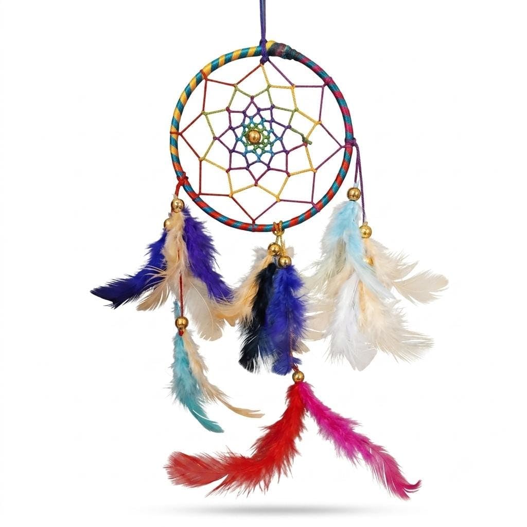Multicolour Dream Catcher with Feathers and Gold Beads | Rainbow Woven Web, Hanging Wall Decor, Colourful Feathers, Gold Bead Accents, Boho Home Decor-image-45
