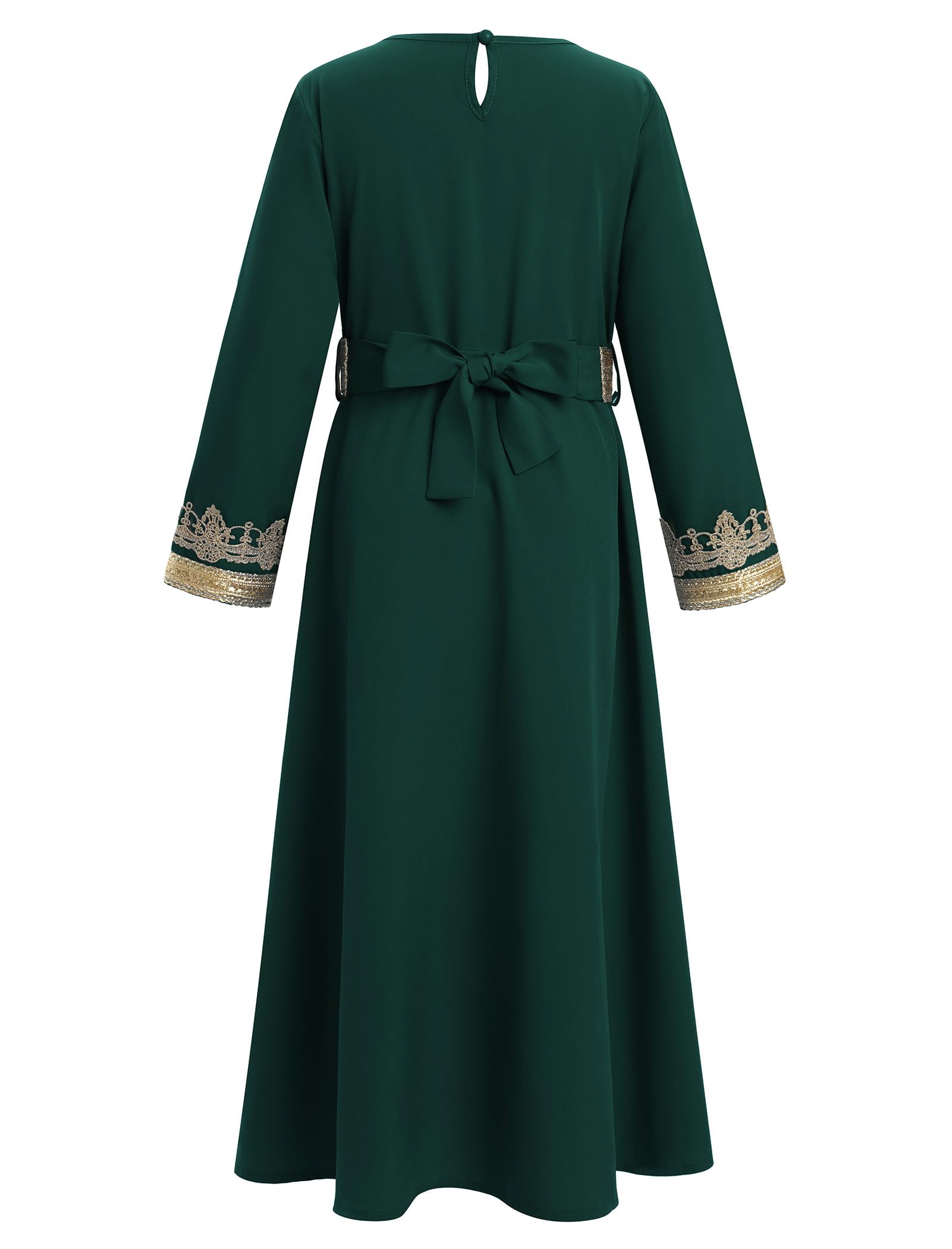 OBEEII Mädchen Muslimisches Ramadan Abaya Kinder Langarm V-Ausschnitt Spitze Gebetskleid Nahen Osten Arabisches Kaftan Kleid mit Gürtel