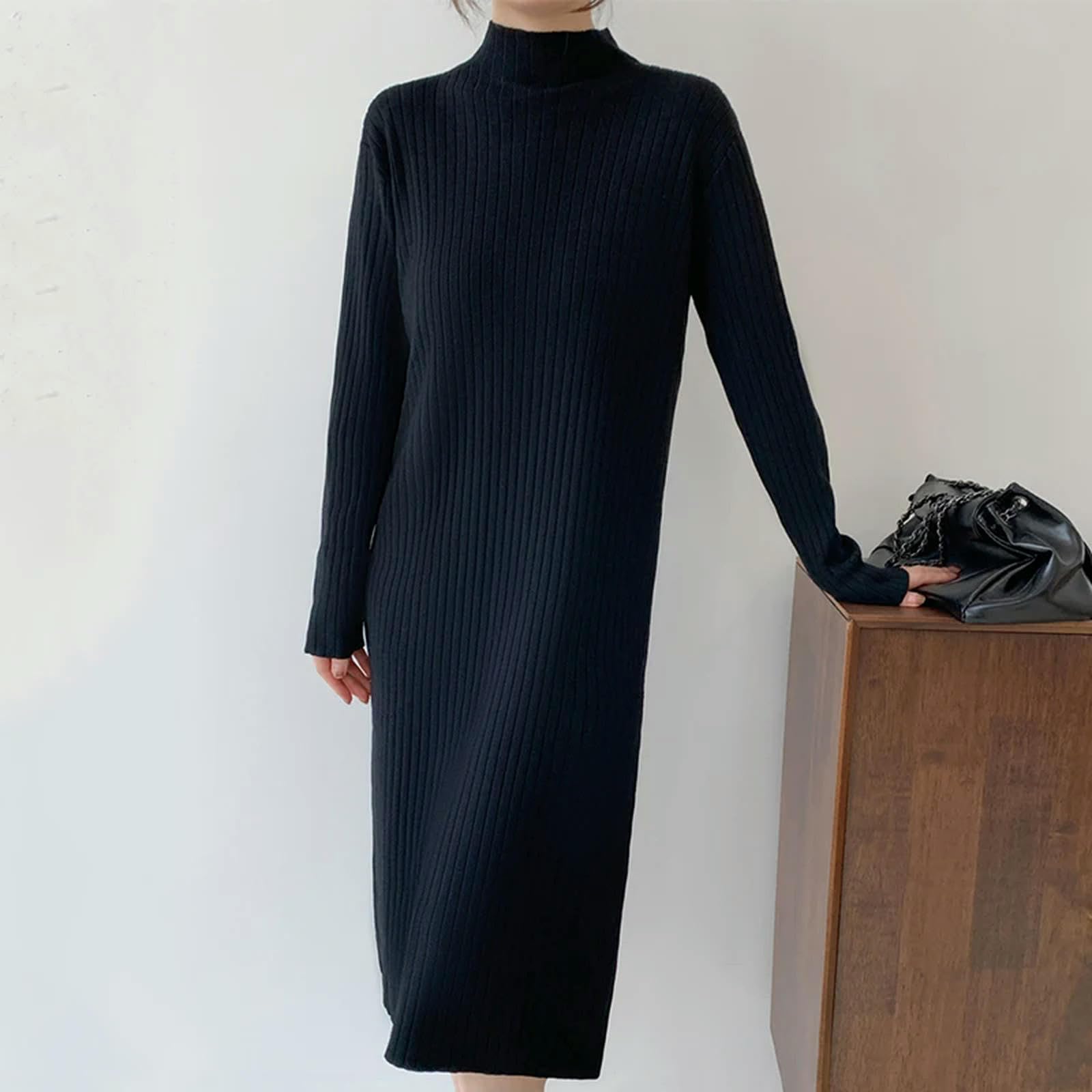 Vestito Donne Cadute Versatili Abiti da Maglia Mungiturante Inverno Strato Interno A Maniche Lunghe Abiti Casual Sciolti A metà Lunghezza-Nero-s