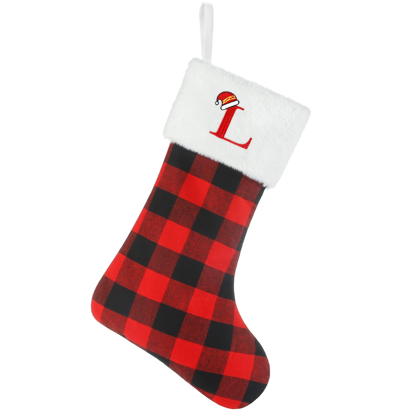 Senneny Christmas Stockings with Initials, 20 Inch Large Red Black Buffalo Plaid Monogram Xmas Stockings with White Plush Faux Fur Cuff, Christmas Decorations for Family Holiday Party, Letter L