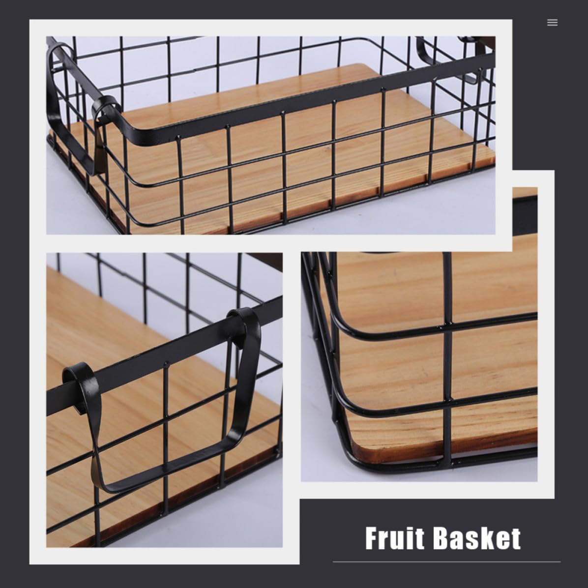 BESTOYARD Cesta Rectangular de Almacenamiento de Hierro y Madera para Frutas y Snacks Diseño Simple y Asas Negras para Cocina