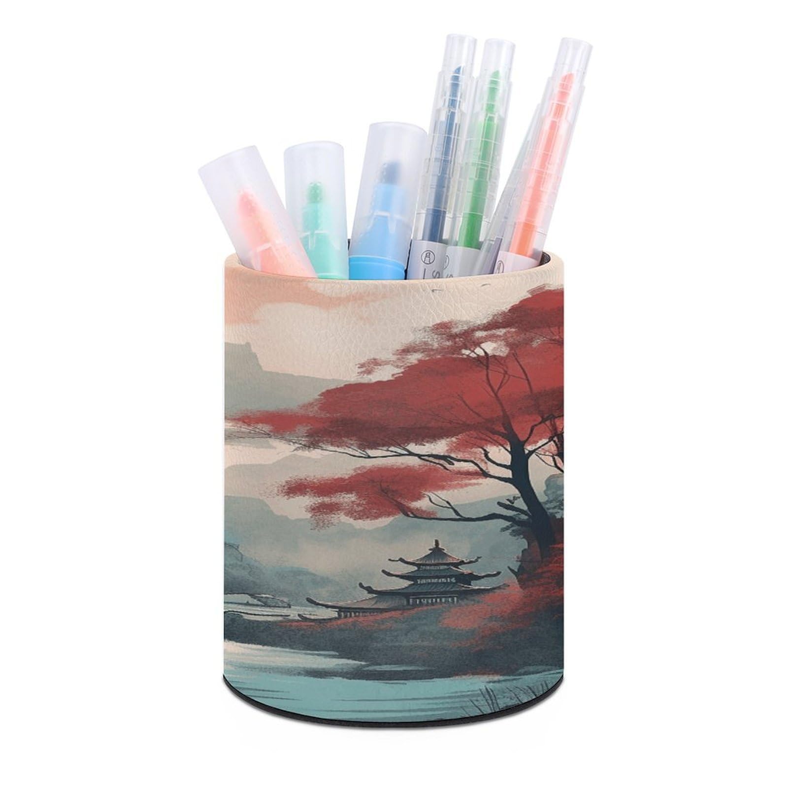FekiLoot PU Leather Round Pen Holder Waterfall Scene Painting Pencil Holder Desk Organizer Pen Organizer Pen Cup Pencil Cup Caddy Desktop Stationery Organizers for Office Home Supplies