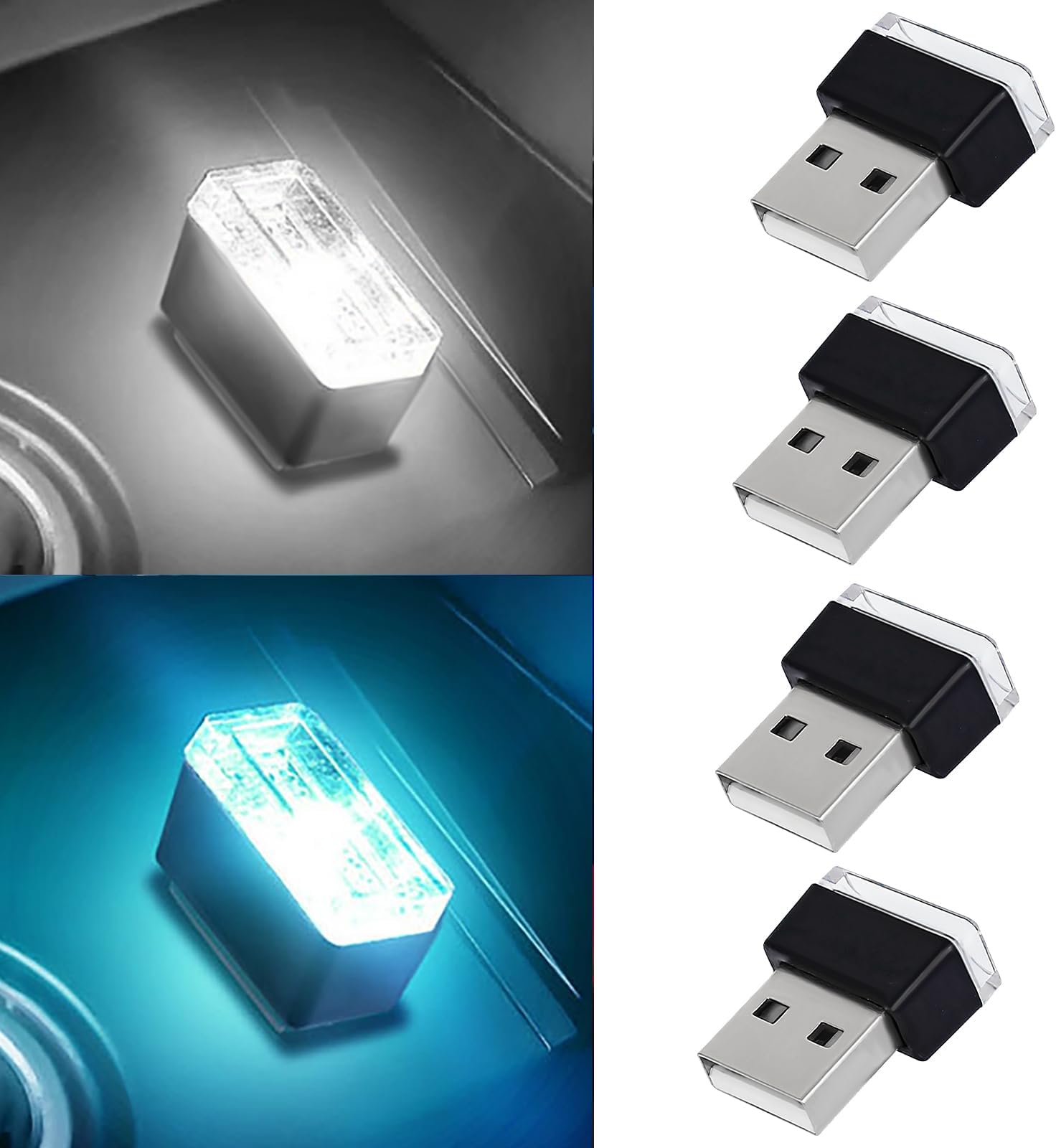 4 PCS USB LED Car Interior Atmosphere Lamp, Portable Mini Auto LED Decor Night Light, Plug-in USB Interface Ambient Lighting Kit, Universal Car Interior Accessories(White+Ice Blue)