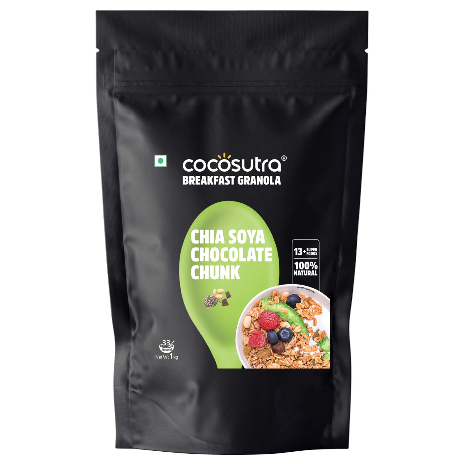 COCOSUTRA Chia Soya Chocolate Chunk Breakfast Granola 1 kg | With Natural & Gluten Free ingredients| High Protein Cereal with Oats, Nuts, Seeds and Dry Fruits | Lightly sweetened with Jaggery