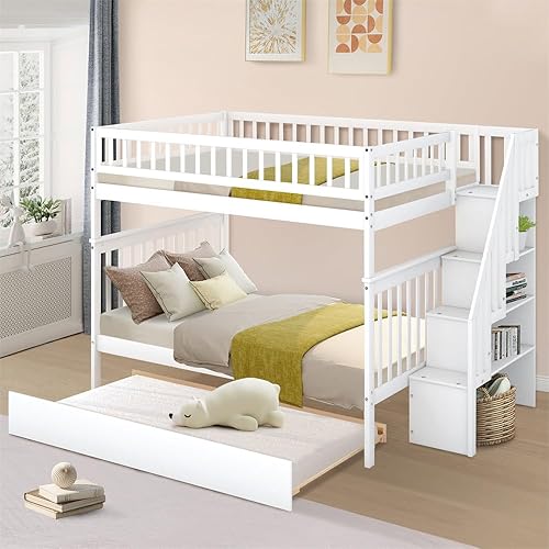 Full Over Full Stairway Bunk Bed, Wood Bunk Bed Frame with Twin Trundle and Staircase for 3 Teens Adults, Detachable Bunk Bed Can be Converted into 3 Separate Beds, White