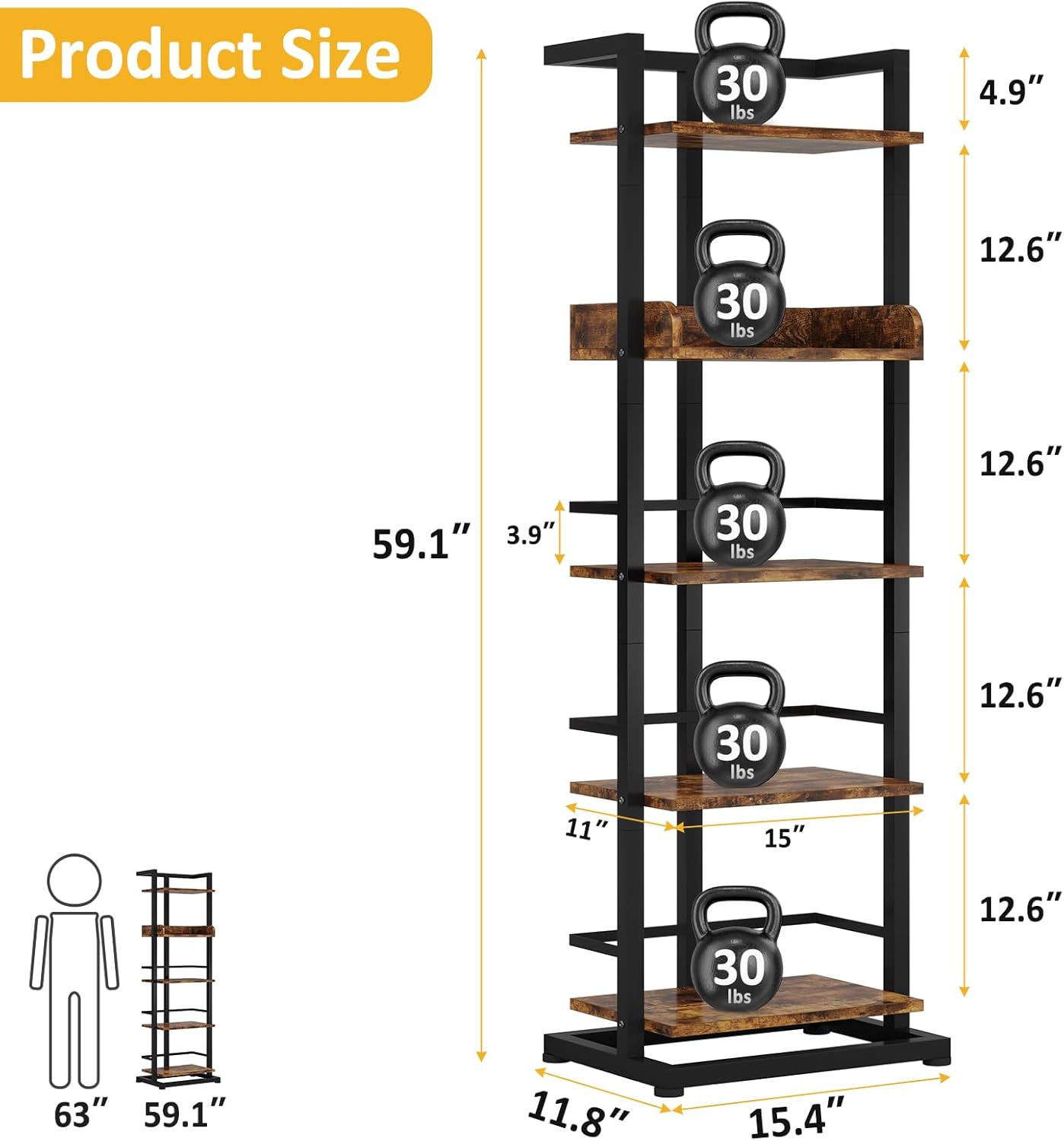 Hosfais Book Shelf Narrow Bookshelf: 5 Tier Wood Bookcase with Metal Edge Protection Industrial Modern Bookshelf Book Storage Organizer for Living Room Bedroom Home Office (Rustic Brown)