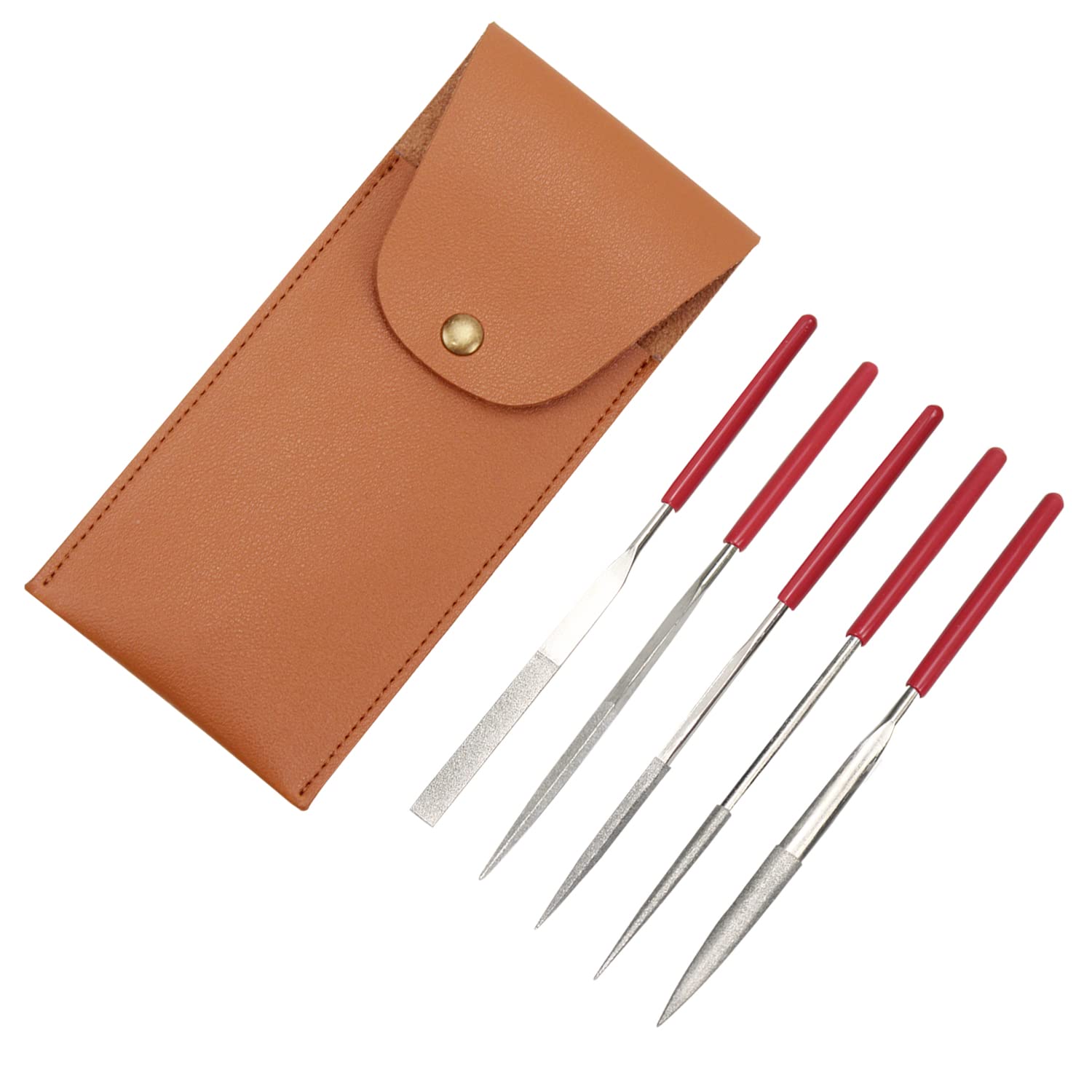 XINSHANG 5pcs Diamond File Set with Synthetic Leather Case, Includes Flat, Square, Triangular, Round, and Half-Round File, Suitable for Sanding Metal,
