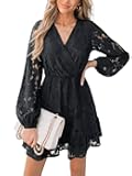 Women Elegant V Neck Lace Peasant Sleeve Mini Summer Dress Elastic High Waist A Line Casual Wedding Guest Dress