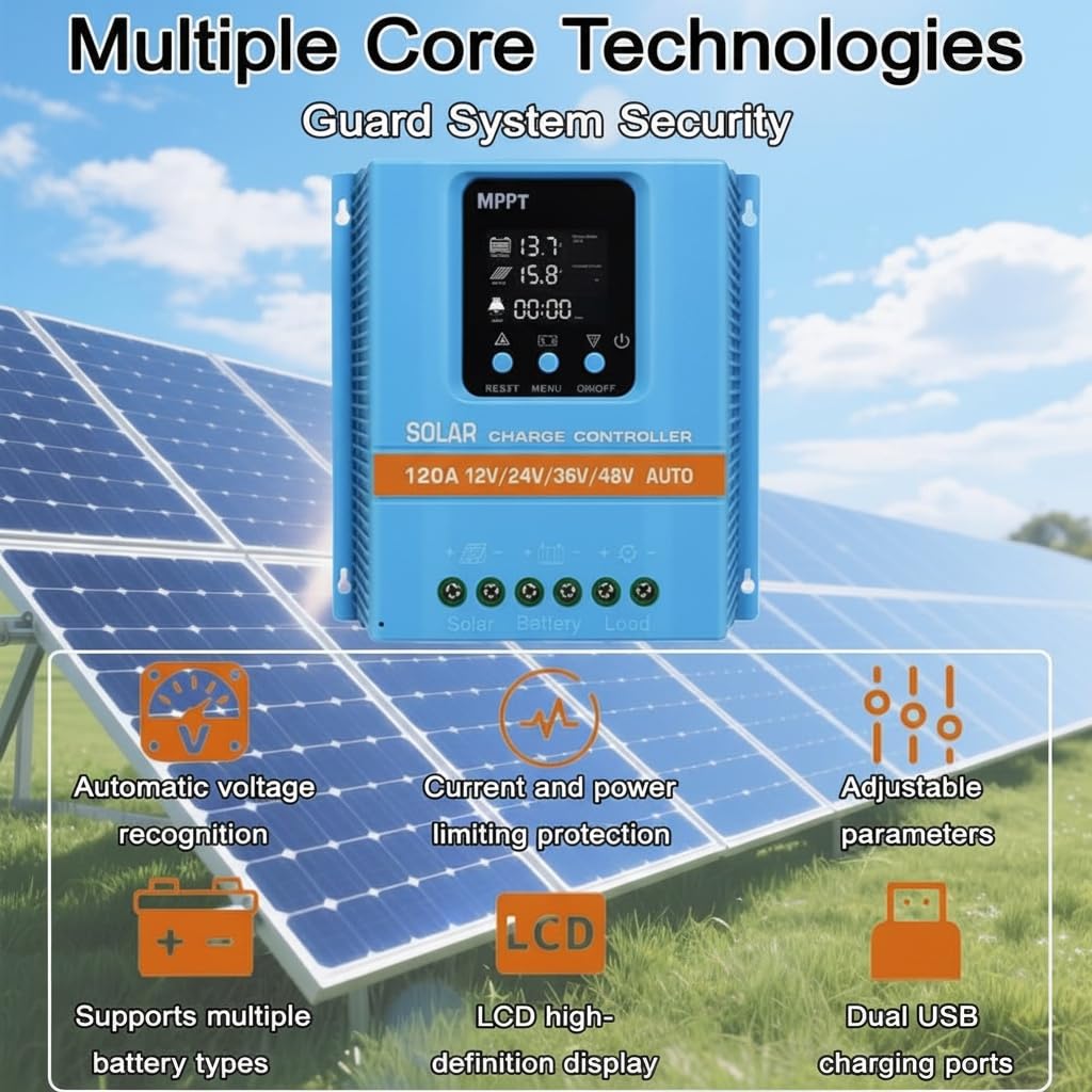 120A Solar Charge Controller 12V 24V 36V 48V Intelligent Recognition LCD Display Battery Intelligent Regulator Maximum 100V Input Dual USB for Lead Acid/Lithium Battery