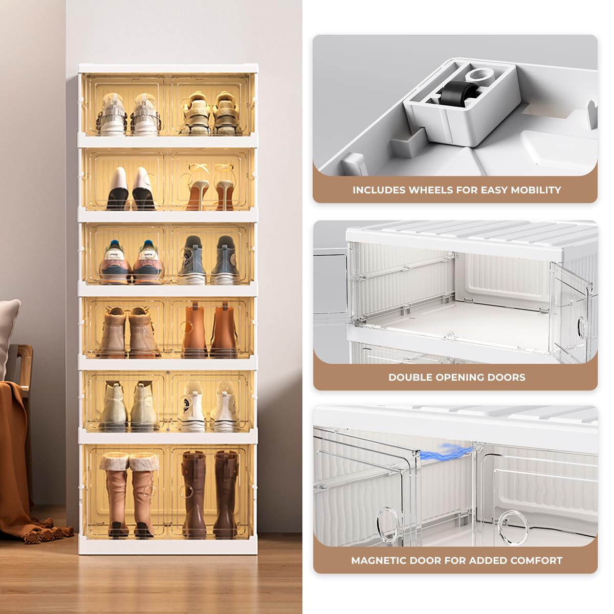 Zapatero Plegable. Organizador de Zapatos de Plástico para Entrada, Armario y Recibidor. Cajas para Zapatos Apilable con 6 Puertas Imantadas. Armario Zapatos. (9Compt)