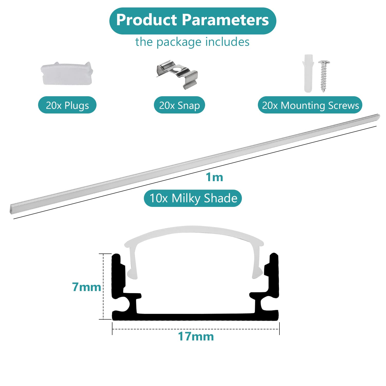Sonnewelt 40 x 1 m profil LED aluminium, profil aluminiowy LED w kształcie litery U do taśm LED / pasków / pasków (1-12 mm) z osłoną, w zestawie zaślepki i klipsy montażowe do taśm LED