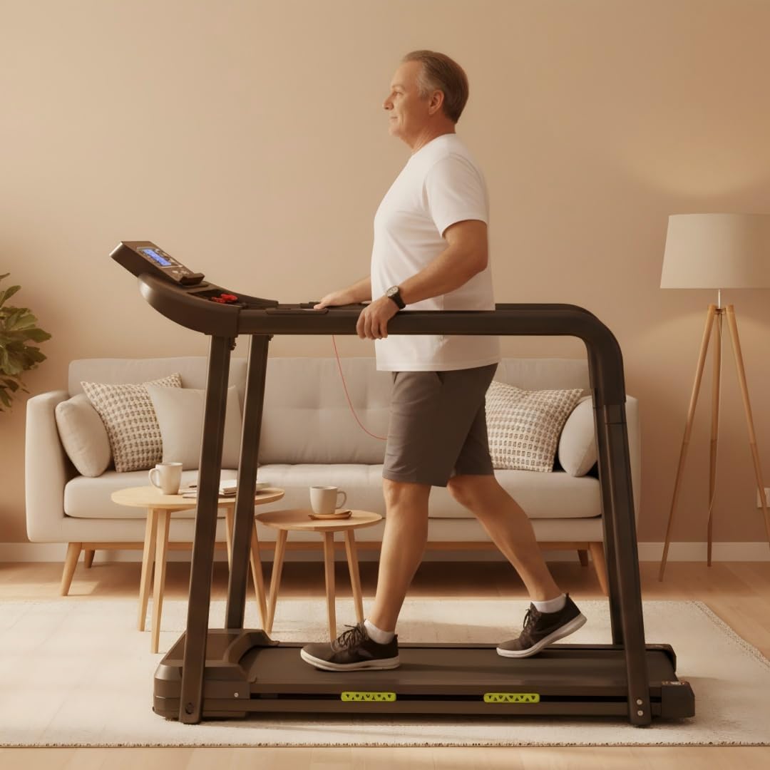 Laufband für Senioren Klappbar mit Handlauf - Elektrisches Fitnessgerät leise & gelenkschonend, Walking Pad für Zuhause bis 135 kg kompakt faltbar, Ideal für ältere Menschen & Rehabilitation