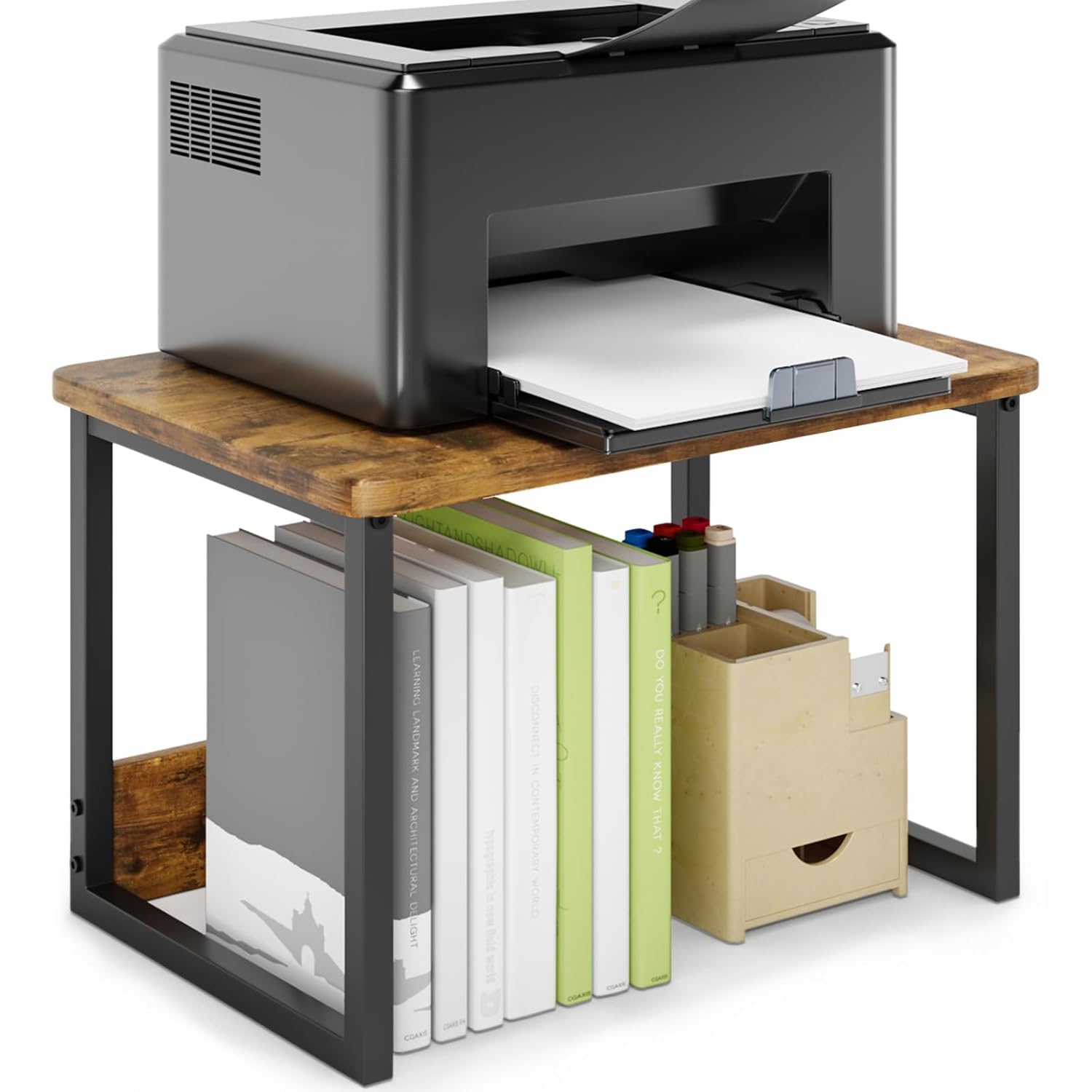 Heavy Duty Desktop Printer Riser with Steel Frame Printer Stand with Storage for Desk –, Space Saving Printer Shelf Organizer for Home & Office, Scanner & Fax Machine (Rustic Brown)-image-40