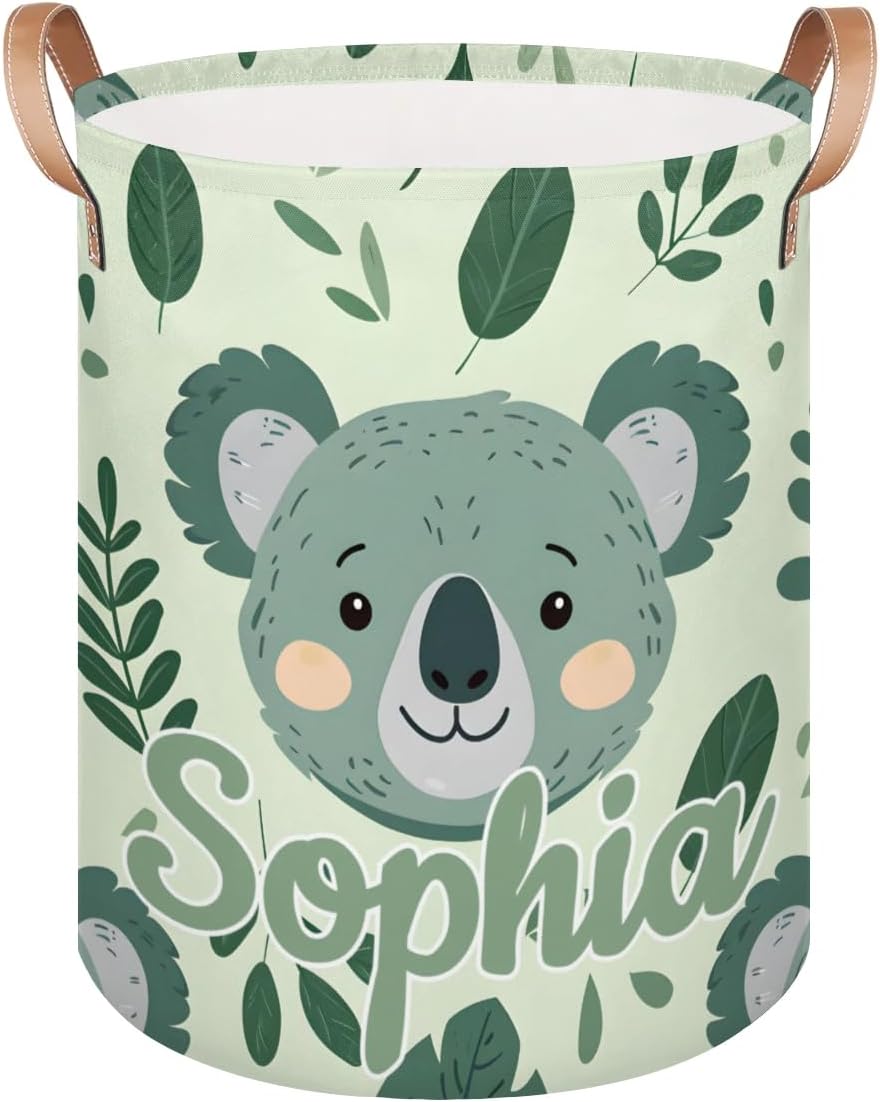Custom Laundry Basket with Name, Personalized Baby Laundry Hamper for Bedroom Bathroom, Round Storage Basket with Handle for Men Women Koala Leaf