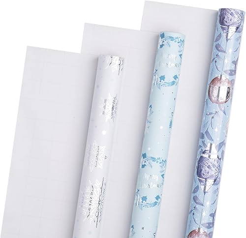 Vista 49 de LeZakaa Mini rollo de papel de regalo de Navidad azul, muñeco de nieve, reno, bola de cristal, árbol de copo de nieve, papel de regalo metálico