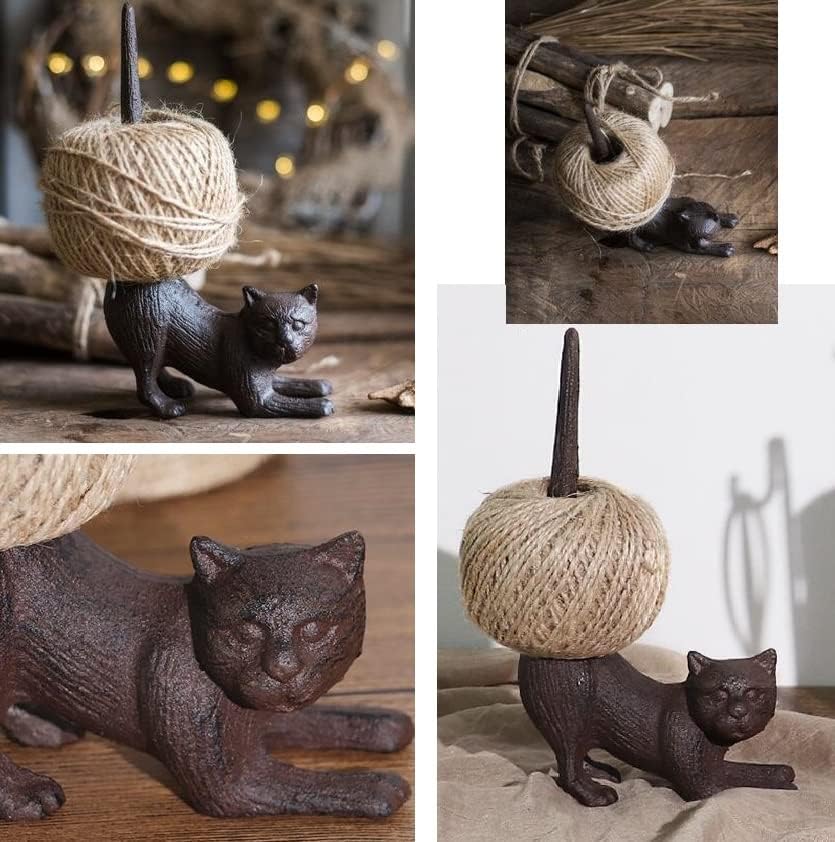 EatingBiting Vintage Metal Twine Holder Cast Iron Cat Twine Holder Natural Jute String Standing Paper Towels Holder, Kitchen Paper Stand with Non-Slip Base for Kitchen Bathroom Home Deco
