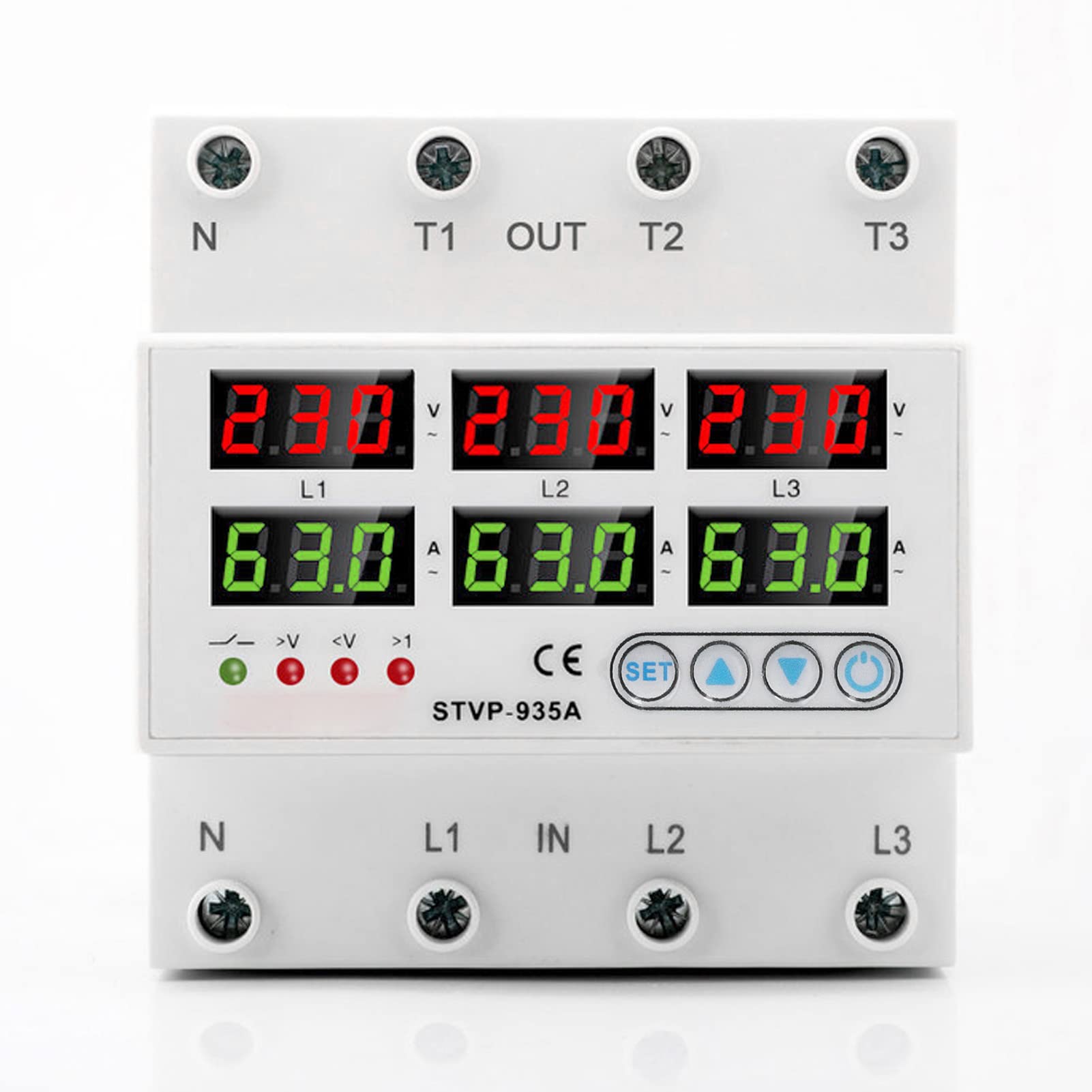 JAWL Dispositivo de Protección de Energía de Pantalla Digital Trifásica AC220V 380V Fácil de Instalar bajo Protector contra Sobretensiones Ajustable para el Hogar (63A)