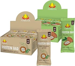 Amrita Dark Chocolate Quinoa (12 bars) + Chocolate Maca Protein Bar Bundle | Peanut Free, Soy Free, Gluten Free, Dairy Free, Vegan, Paleo, non-GMO | High Fiber Plant Based Healthy Snacks