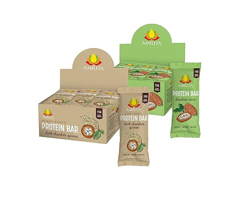 Amrita Quinoa de chocolate oscuro (12 barras) + paquete de barra de proteína de maca de chocolate  Sin maní, sin soja, sin gluten, sin lácteos,