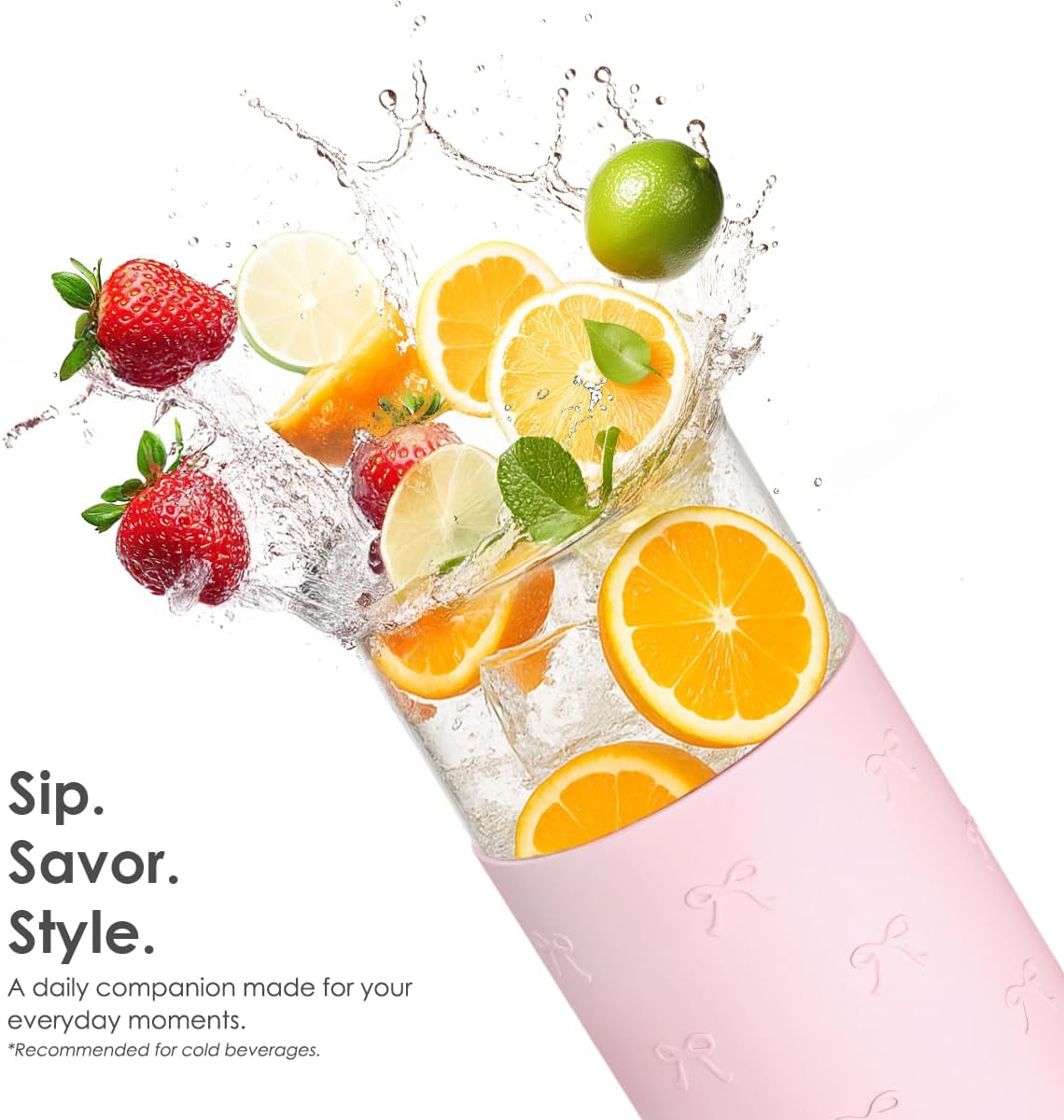 SANDJEST Glass Tumbler with Straw and Lid, Bow Glass Water Bottle with Silicone Sleeve 20oz, Smoothie, Iced Coffee Cup, Gifts for Women Teen Girls Birthday Christmas - Image 4